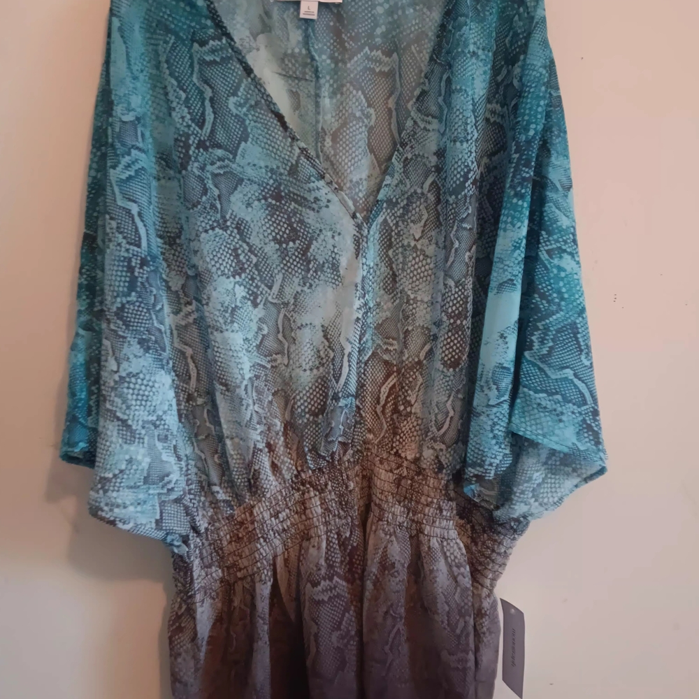 Monograph Blouse, Women's Size Large, Sheer, Babydoll, Snake Print, V-neck NWT